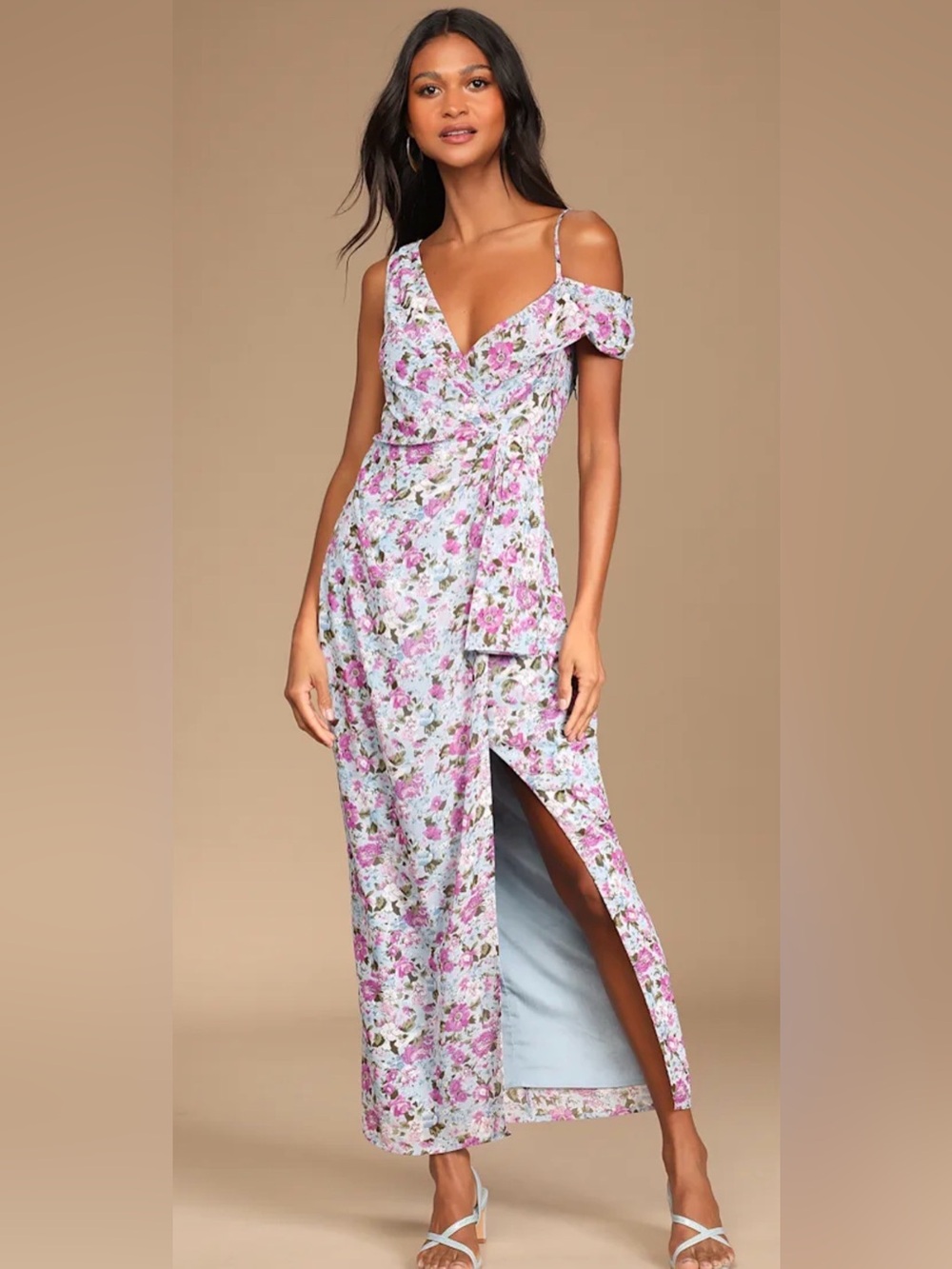 Lulu’s With a Flourish Blue Floral Print Off-the-Shoulder Maxi Dress, Small NWT